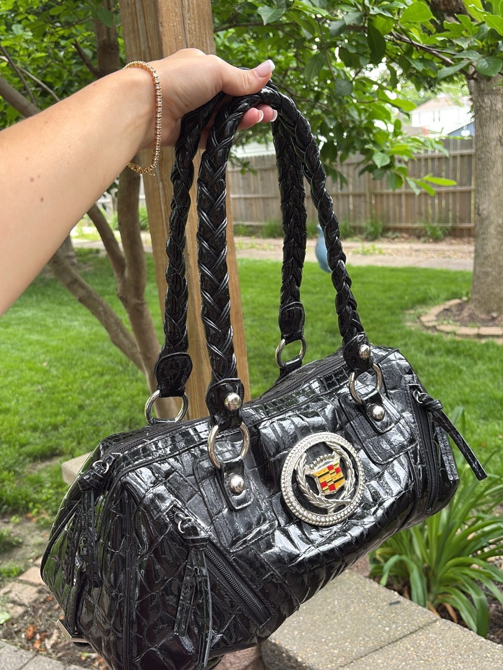 ICONIC Black Croc-Embossed Shoulder Bag with Cadillac Emblem Accent